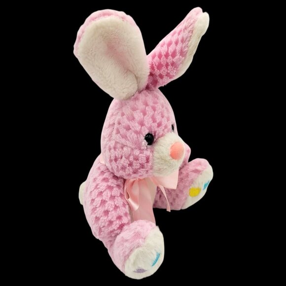 Pink Waffle-patterned Bunny Rabbit Plush Bow White Fur Jellybean Feet 9" Easter - Picture 3 of 7